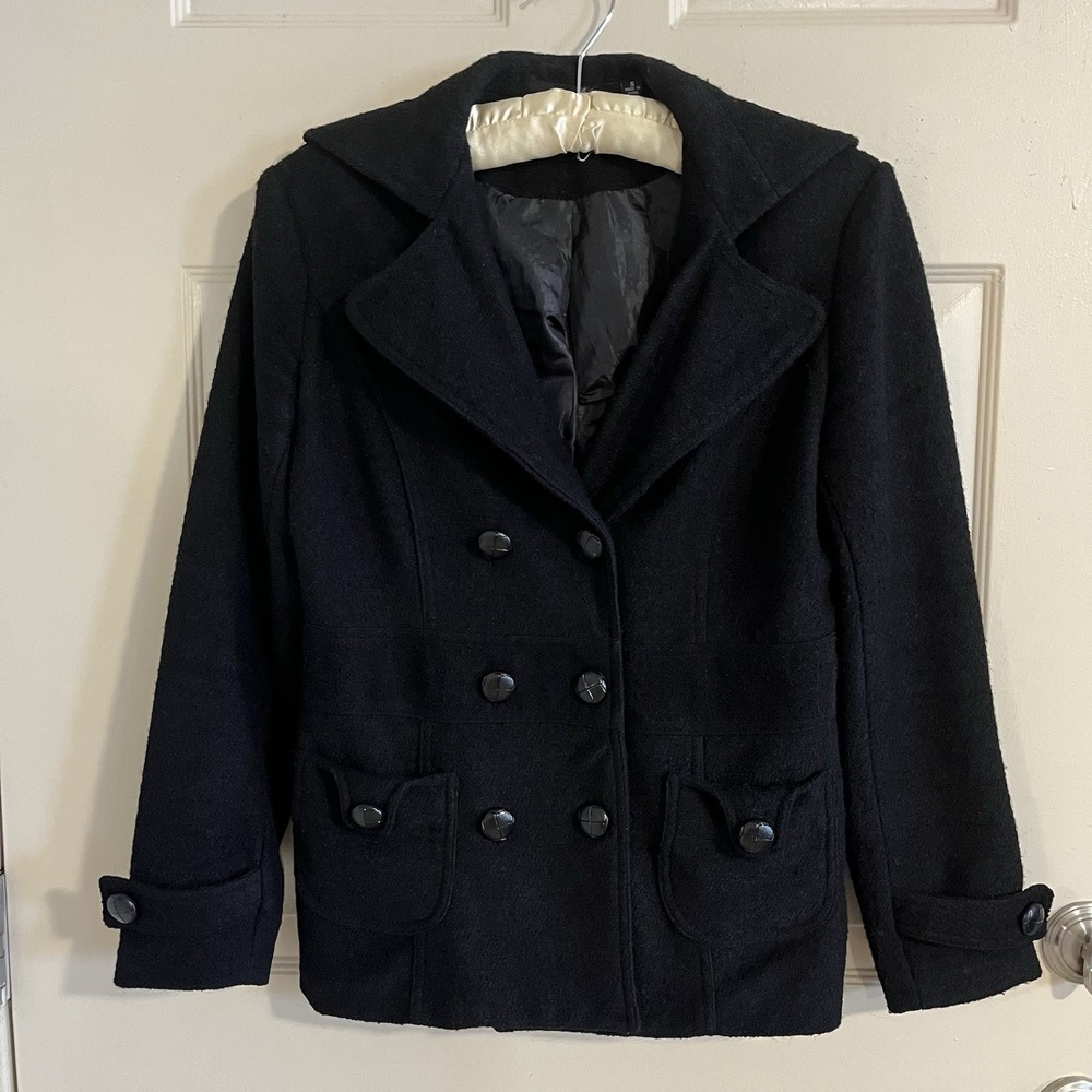 Black Wool Blend Jacket Double Breasted Style Sz S Pockets VTG Y2K Dark Academia